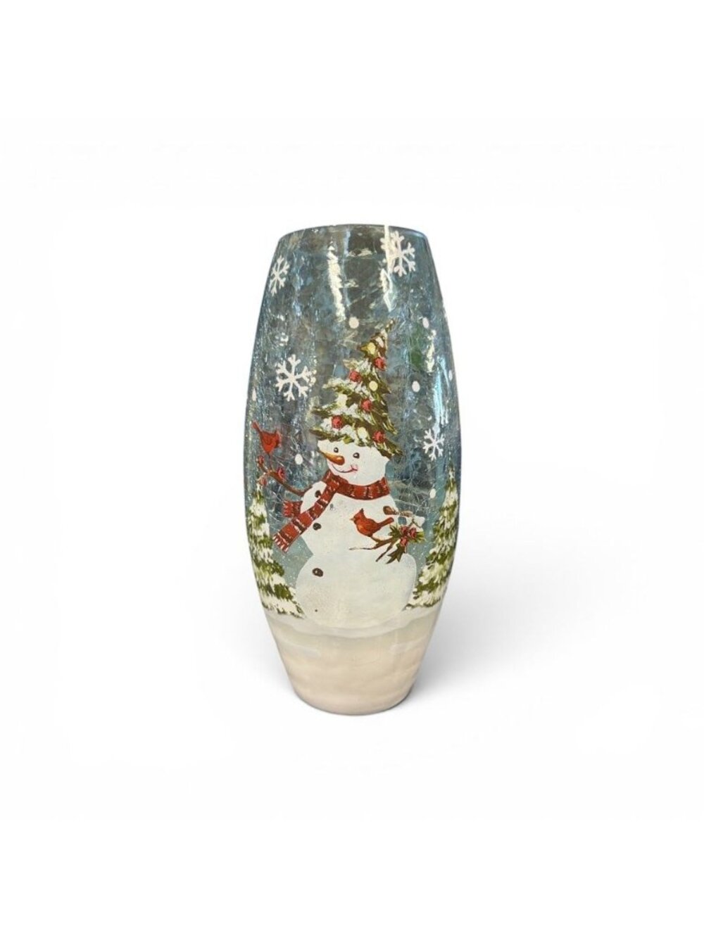 Snowman-Themed LED Crackle Glass Vase With Winter Scene Design